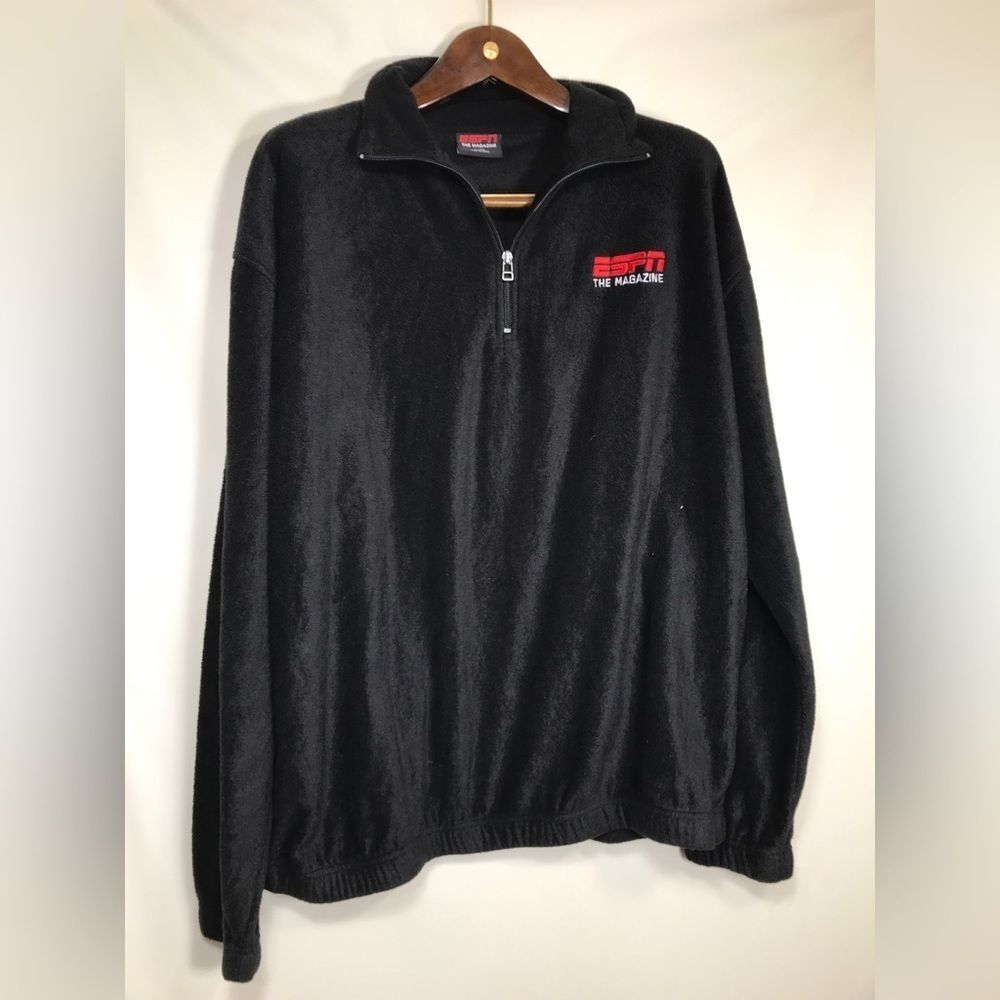 ESPN Magazine Sweater Mens XL Black Fleece Long Sleeve Logo Zip Front Pullover